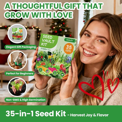 Smiling woman holding Massive 35 Variety Heirloom Seed Pack With Over 21,000 Non GMO Seeds For Home Gardeners Featuring Vegetables Fruits And Herbs