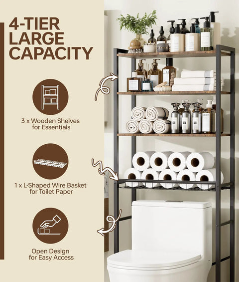 4-Tier Over The Toilet Storage Rack With One-Piece Wood Shelves And Open Net Basket, Space-Saving Bathroom Organizer.