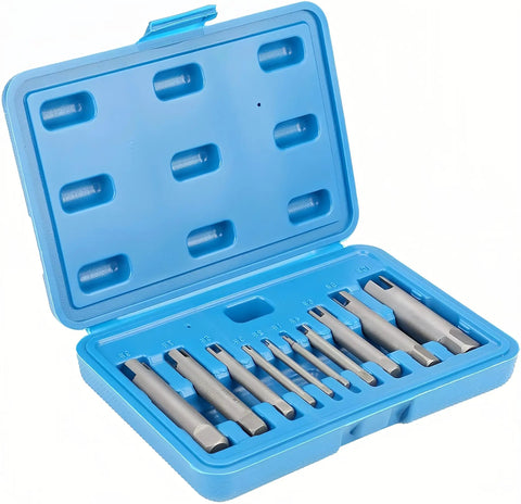 10 Piece Screw Tap Extractor Set For Removing Broken, Stripped, And Damaged Screws And Bolts, Heavy Duty High Speed Steel, in storage box