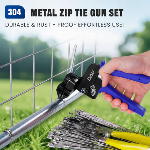 Heavy Duty Stainless Steel Cable Tie Gun Kit With 150 Zip Ties In Use on Fence