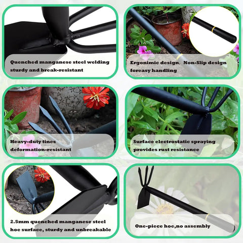 Heavy Duty Garden Hoe And Cultivator Hand Tool For Weeding Planting Loosening Soil And Digging Thickened Manganese Steel No Assembly Required Durable Ergonomic Garden Tool For Quick Easy Yard Work with close-up of handle and prongs