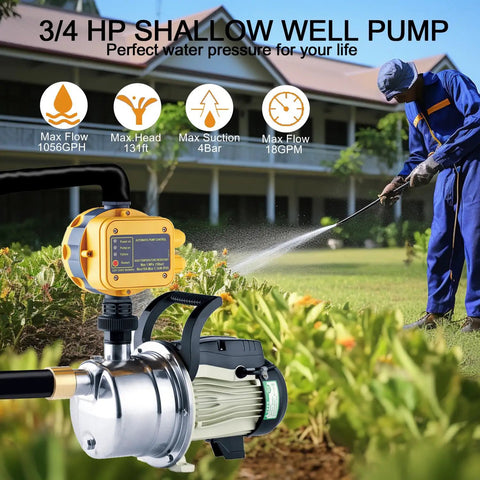 Beefed Up Three Quarters Horsepower 110V Water Pressure Booster Pump for irrigation in gardens, 1056GPH, 131ft Head, 4 Bar Suction