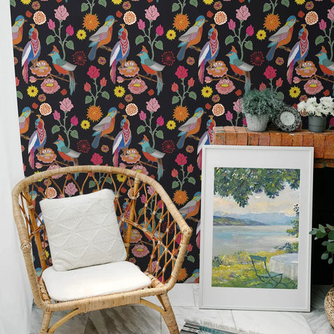 Room with Dark Parrot Floral Peel And Stick Wallpaper 17.7 Inch Wide By 78.7 Inch Long, Vintage Exotic Birds And Flowers Pattern
