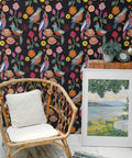 Vintage Parrot Floral Peel And Stick Wallpaper With Dark Background Self Adhesive Vinyl Roll 17.7 By 315 Inches Exotic Birds Decor