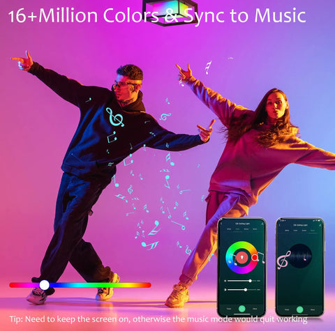 People dancing under 11 Inch WiFi Smart LED Flush Mount Light with color changing feature shown on mobile app screen.