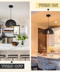 Black Woven Pendant Light Boho Chandelier With Wicker And Rattan Dome Pendant For Dining Room Kitchen Island shown off and on