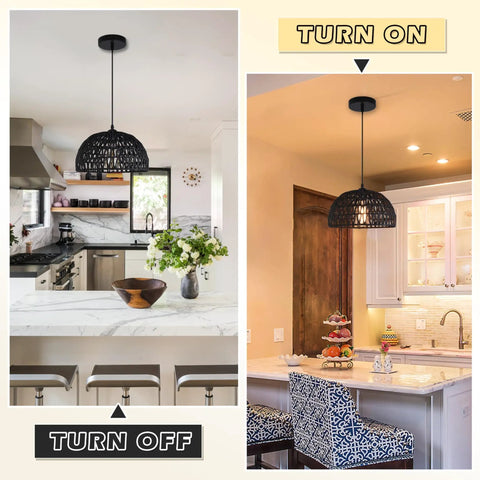 Black Woven Pendant Light Boho Chandelier With Wicker And Rattan Dome Pendant For Dining Room Kitchen Island shown off and on