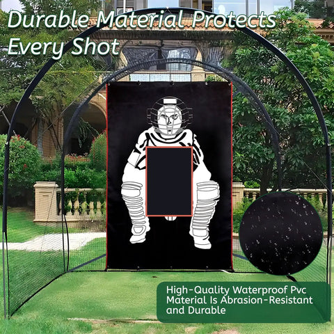6x8 Feet Baseball And Softball Backstop With Strike Zone Black Vinyl Batting Cage Backdrop And Net Saver Durable Facility Backstops For Outdoor Pitching displayed in garden setup