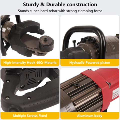 Heavy Duty Electric Rebar Bender 1400W Hydraulic Steel Bar Bending Machine features durable hydraulic piston and sturdy high-intensity hook.