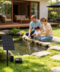 Family using Solar Pond Aerator 2W Low Noise Oxygen Pump IP64 Waterproof Quiet Bubbler in garden pond outdoor setting.