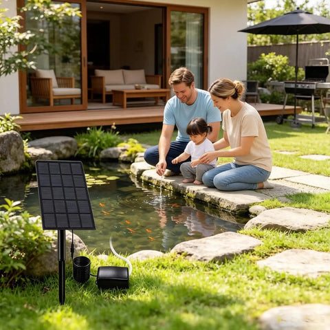 Family using Solar Pond Aerator 2W Low Noise Oxygen Pump IP64 Waterproof Quiet Bubbler in garden pond outdoor setting.