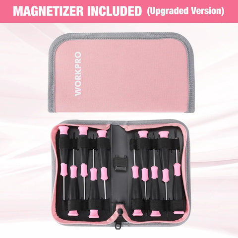 Slick 10 Piece Precision Screwdriver Set With Ergonomic Comfort Grip And Sturdy Pink Pouch for electronics repair, magnetizer included.