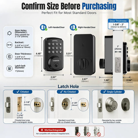 Programmable Electronic Keypad Deadbolt Keyless Entry Door Lock For Bedroom Closet Apartment Hardware dimensions and specifications chart.