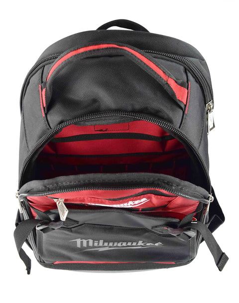 Pro Grade Jobsite Backpack For Tradesmen With Ultra Durable 1680D Fabric, open to show built-in tool pockets and water resistant base
