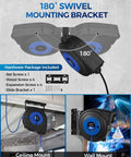 Retractable Extension Cord Reel With 45 Ft 12 Gauge SJTOW Cord 3 Grounded Outlets Lighted Triple Tap 15 Amp Circuit Breaker UL Listed Heavy Duty Power Reel For Garage Workshop Studio Blue installed on wall and ceiling with swivel bracket.