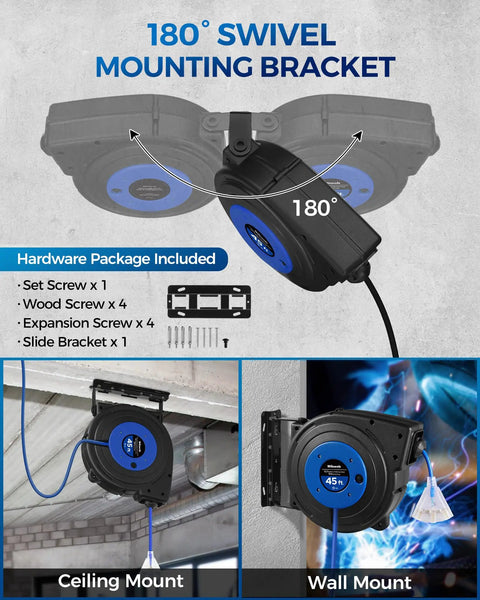 Retractable Extension Cord Reel With 45 Ft 12 Gauge SJTOW Cord 3 Grounded Outlets Lighted Triple Tap 15 Amp Circuit Breaker UL Listed Heavy Duty Power Reel For Garage Workshop Studio Blue installed on wall and ceiling with swivel bracket.
