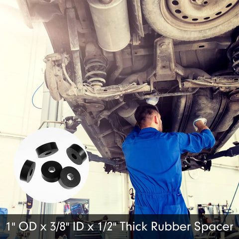 Mechanic using the All In One Rubber Spacer Set With 1 Inch Outer Diameter, 3/8 Inch Inner Diameter, 1/2 Inch Thick Black Round Washers For Anti Vibration, Mounting Bushings, Automotive And Home Gear, 8 Piece Pack under a car