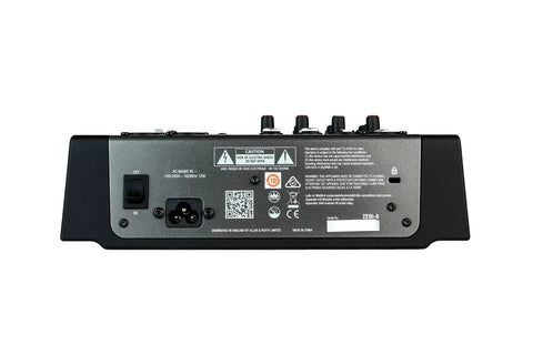 Back view of ZEDi-8 Compact Hybrid Audio Mixer And USB Interface showcasing power input and labels for home studio use