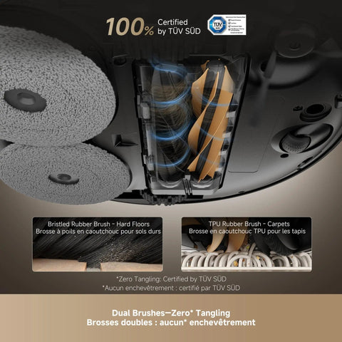 Smart Robot Vacuum And Mop With Auto Empty Dock Self Cleaning Mop Beast Suction Power 19500 Pa Precise Obstacle Avoidance HyperStream Detangling DuoBrush ProLeap 6 Cm Lift For Easy Door Threshold Crossing AI Path Planning underside view showing dual brushes and zero tangling certification.