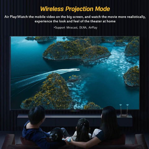 Family using Wireless HDMI Transmitter And Receiver Kit For Screen Mirroring To TV Or Projector 1080p Full HD movie night