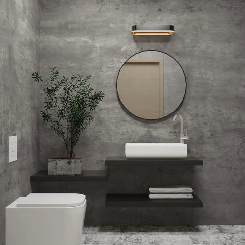 Bathroom with 24 By 354 Inch 3D Wide Concrete Wallpaper Peel And Stick Self Adhesive Vinyl Wrap In Light Grey Cement Texture on walls.