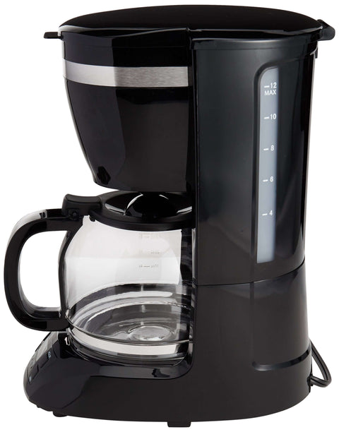 Side view of a 12 Cup Drip Coffeemaker in Stainless Steel with Gold Tone Filter No Mess Paper Filters Programmable Brew Auto Start Keep Warm.