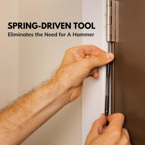 User demonstrating No Sweat Door Hinge Pin Remover And Install Set With Heavy Duty Steel Face Hammer and Smooth Operator Dual Tip Spring Punch.