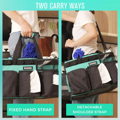 Wearable Cleaning Caddy Organizer with handle and adjustable straps, showing fixed hand strap and detachable shoulder strap options.