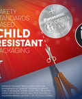 CR2016 3V Lithium Coin Cell Batteries Four Pack Featuring Child Resistant Standards Based Packaging with child safety message.