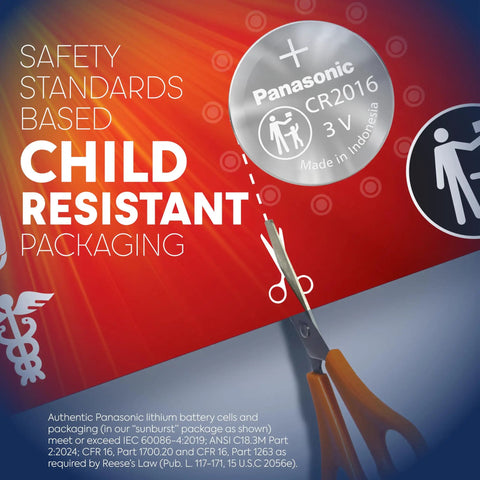 CR2016 3V Lithium Coin Cell Batteries Four Pack Featuring Child Resistant Standards Based Packaging with child safety message.