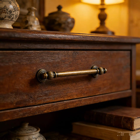 Old School Vintage Antique Brass Cabinet Pull centered on a wooden drawer in a cozy setting, brushed bronze finish 128mm center to center.