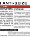 Label of High Temp Copper Anti Seize Lubricant 1800F For Spark Plugs Exhaust Manifolds Bolts And Brakes Prevents Seizing And Corrosion USA Made 8oz