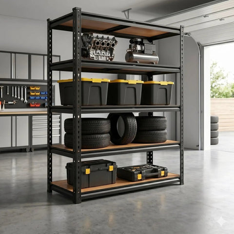 60 Inch High Heavy Duty Metal Garage Shelving Unit With 2400 Lbs Total Capacity, 480 Lbs Per Shelf, Adjustable Overlap Design For Home Garage Warehouse Shop Storage Black in garage with tires and bins