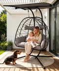 Double Egg Chair With Stand And Adjustable Canopy For Two People Indoor Outdoor Wicker Hanging Swing Chairs With Removable Cushions 660 Lbs Capacity For Patio Balcony Black Frame Dark Grey Cushions Outdoor Living with woman and child