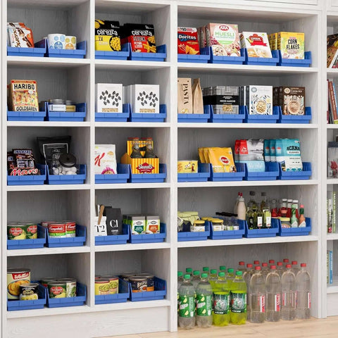 Dang Versatile Plastic Storage Bins For Refrigerator And Kitchen Pantry Organization Yellow Shelf Containers Fit Under Sink Cabinets Or Garage Shelving 12X8X4 Inch Heavy Duty Bulk Pack Of 12 filled with snacks and drinks on pantry shelves.