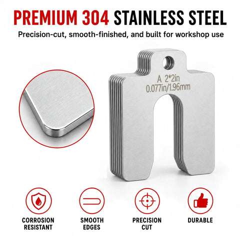 Stainless Steel Shim Kit 2 By 2 Inch Slotted Shims Collection 100 Pieces Across 10 Thicknesses For Machine Leveling Motor Alignment