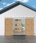 14 Ft Heavy Duty Box Rail Exterior Barn Door Hardware Kit For Two Doors Sliding Track System Outdoor Use With Anti Corrosion Finish, Doors Not Included, 450 Lb Capacity, Silver Weather Resistant For All Seasons installed on white barn with wooden doors