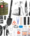 Ultimate 150 Piece First Aid And Survival Gear Kit with MOLLE pouch, tools, and emergency supplies for outdoor use.