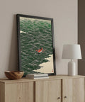Japanese Style Ocean Rowing Wall Art For Bedroom And Living Room, Retro Green Wave Canvas Print With Coastal Beach Vibe