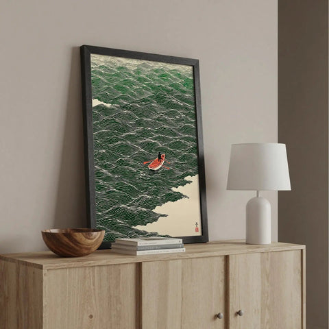 Japanese Style Ocean Rowing Wall Art For Bedroom And Living Room, Retro Green Wave Canvas Print With Coastal Beach Vibe