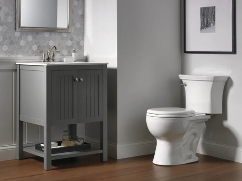 Linden Centerset Bathroom Faucet In Brushed Nickel Finish with modern sink in gray cabinet, white toilet and hexagonal tiled wall