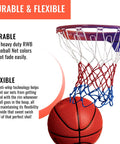 Heavy Duty Basketball Net Replacement For Indoor Or Outdoor Rims All Weather Anti Whip Standard Size With 12 Loops Red White And Blue Colorway Court Ready Gear For Everyday Pickup Games, installed on a rim with basketball.