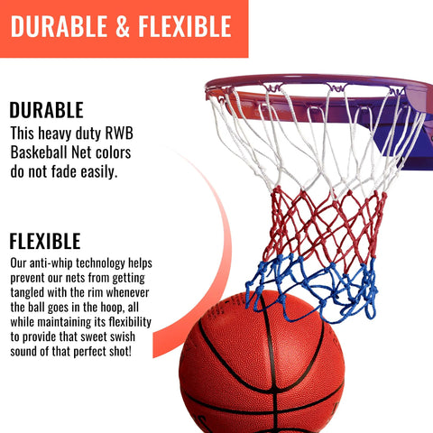 Heavy Duty Basketball Net Replacement For Indoor Or Outdoor Rims All Weather Anti Whip Standard Size With 12 Loops Red White And Blue Colorway Court Ready Gear For Everyday Pickup Games, installed on a rim with basketball.