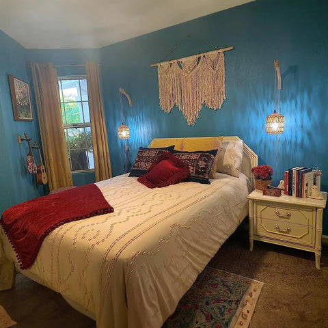 Bedroom with blue walls featuring Rattan Wall Lamp With Plug In Cord Hand Woven Lantern Shade Farmhouse Wood Holder Boho Wall Sconce