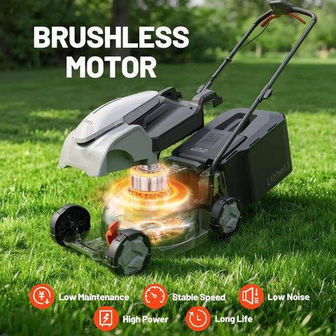 Cordless Electric Lawn Mower With Brushless Motor, 14 Inch Cutting Width on grass, highlighting motor features.
