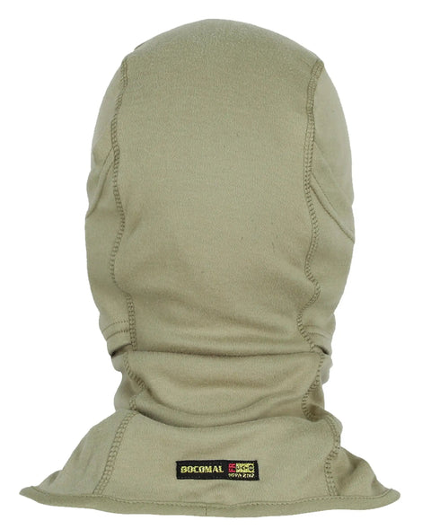 Back view of Pro Grade Flame Resistant Balaclava Face Mask Arc Rated NFPA 2112 Cat 2 Helmet Liner Hood for Welding, Khaki 7oz Cotton