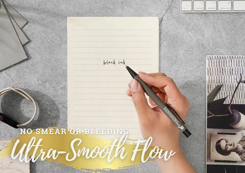 Person writing with ballpoint pen on notepad, black ink visible, labeled ultra-smooth flow, Ballpoint Pen Set Of 4 For Programmers And Techies.