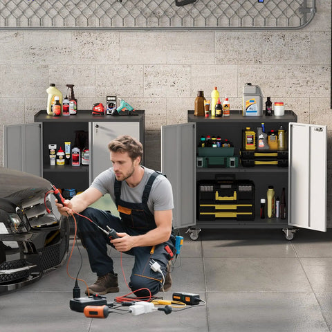 Heavy Duty Metal Garage Storage Cabinet On Wheels With Lockable Door And Adjustable Shelves Rust Resistant Steel Utility Cabinet For Garage Workshop Home Office Grey in use with tools and supplies