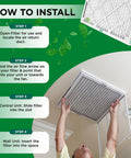 Instructions on installing Boss Level MERV 8 Pleated HVAC Air Filters for AC and Furnace, 20x23x1, shown with ceiling vent adjustment.