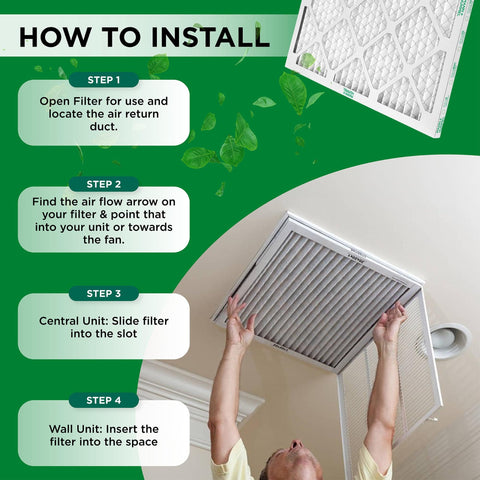 Instructions on installing Boss Level MERV 8 Pleated HVAC Air Filters for AC and Furnace, 20x23x1, shown with ceiling vent adjustment.
